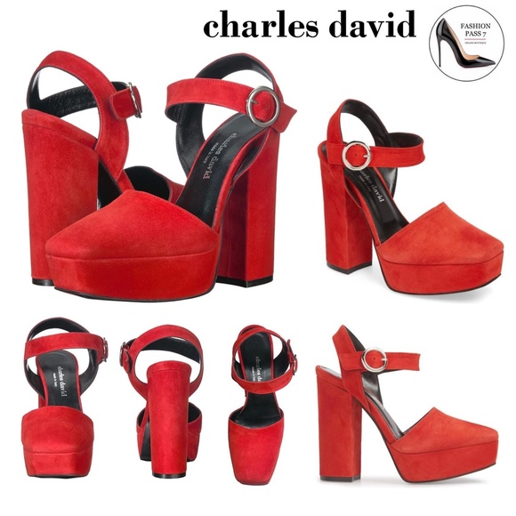 CHARLES DAVID Roan Red Suede Platform Block Heel Ankle Strap Sandals 41 - Picture 2 of 16